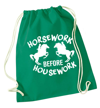 Horsework before housework green drawstring bag