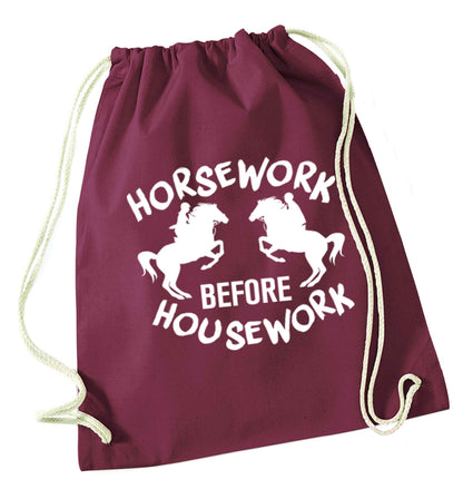 Horsework before housework maroon drawstring bag
