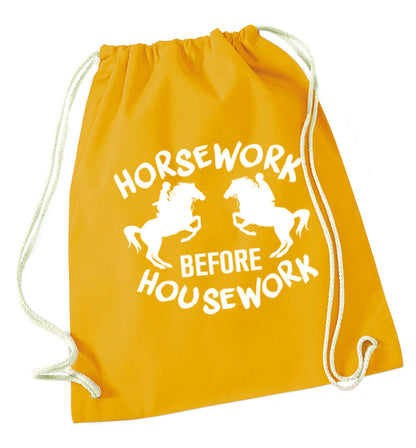 Horsework before housework mustard drawstring bag