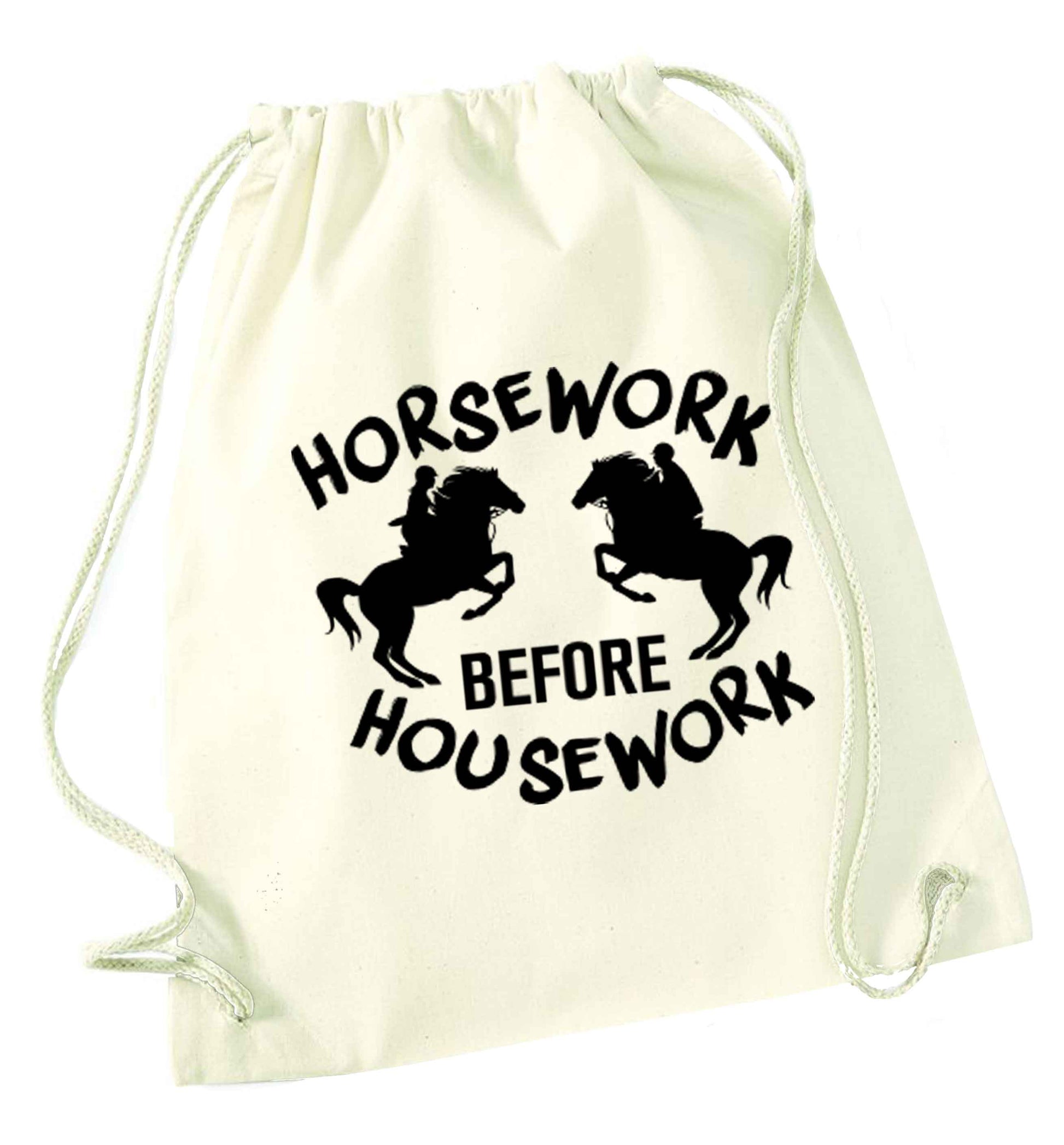 Horsework before housework natural drawstring bag