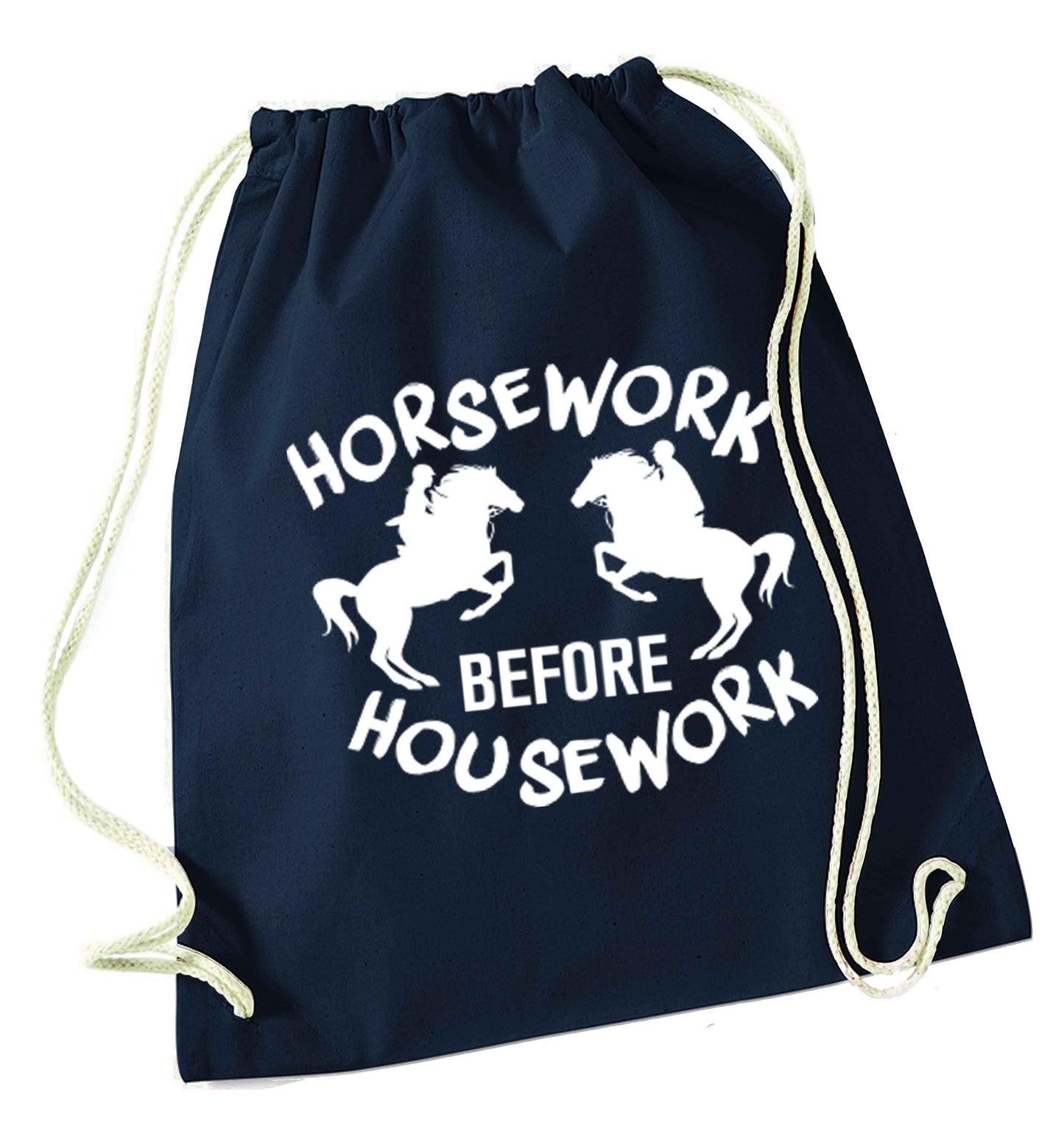 Horsework before housework navy drawstring bag