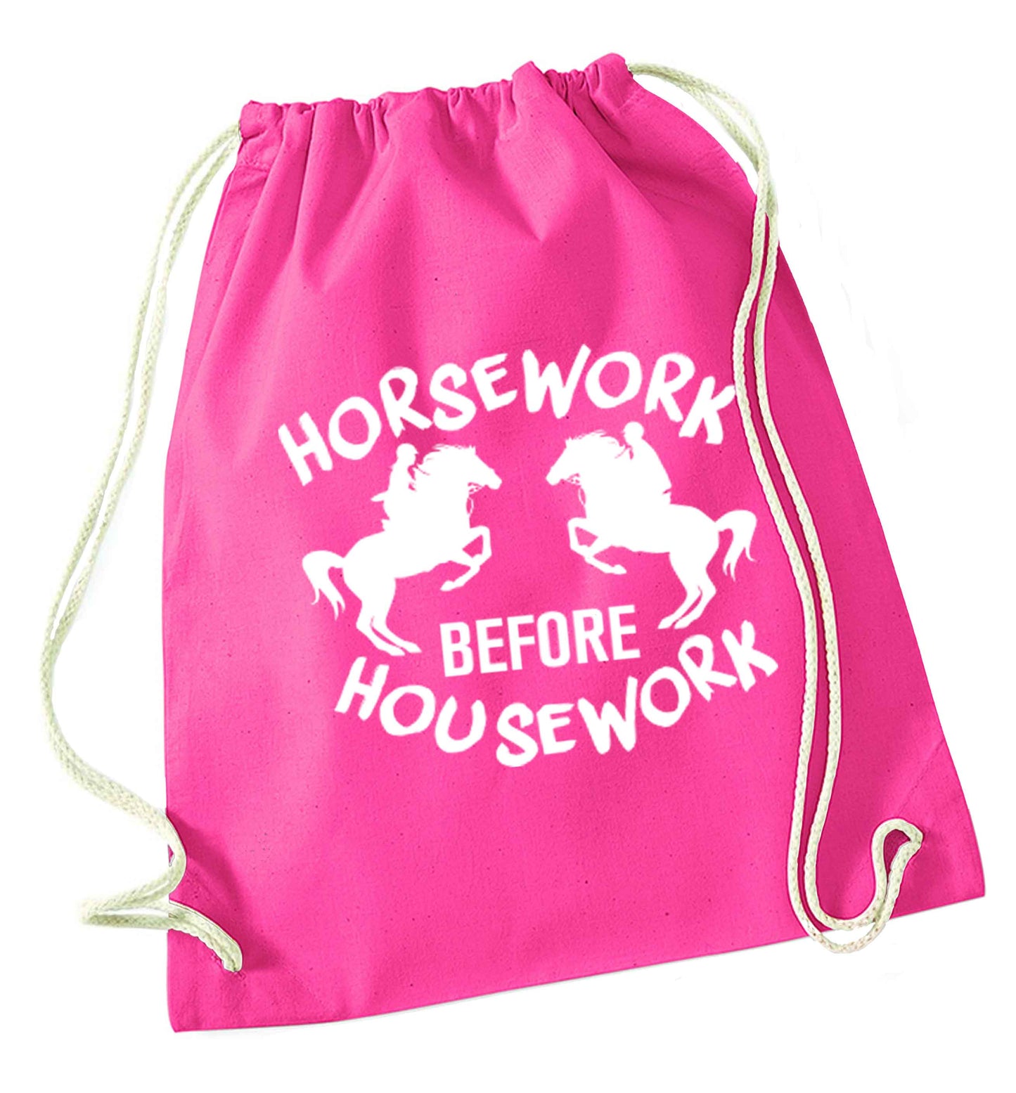Horsework before housework pink drawstring bag
