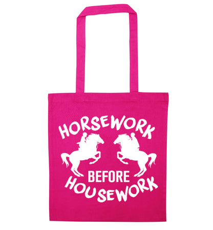 Horsework before housework pink tote bag