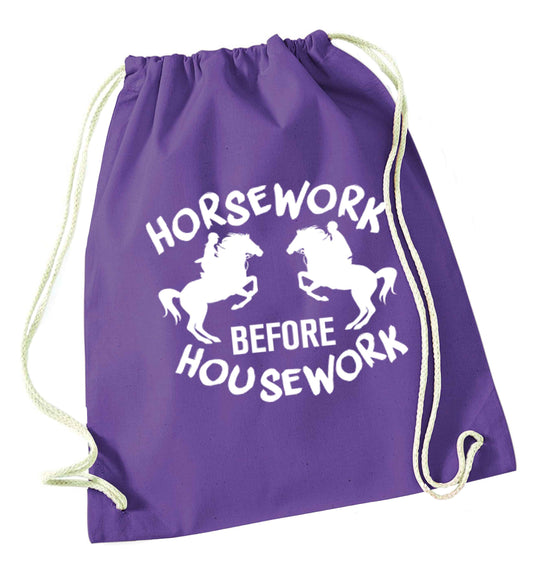 Horsework before housework purple drawstring bag