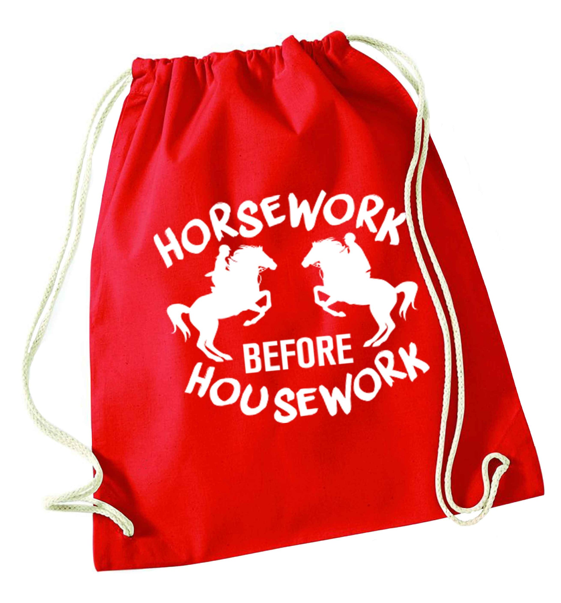 Horsework before housework red drawstring bag 