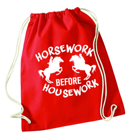 Horsework before housework red drawstring bag 