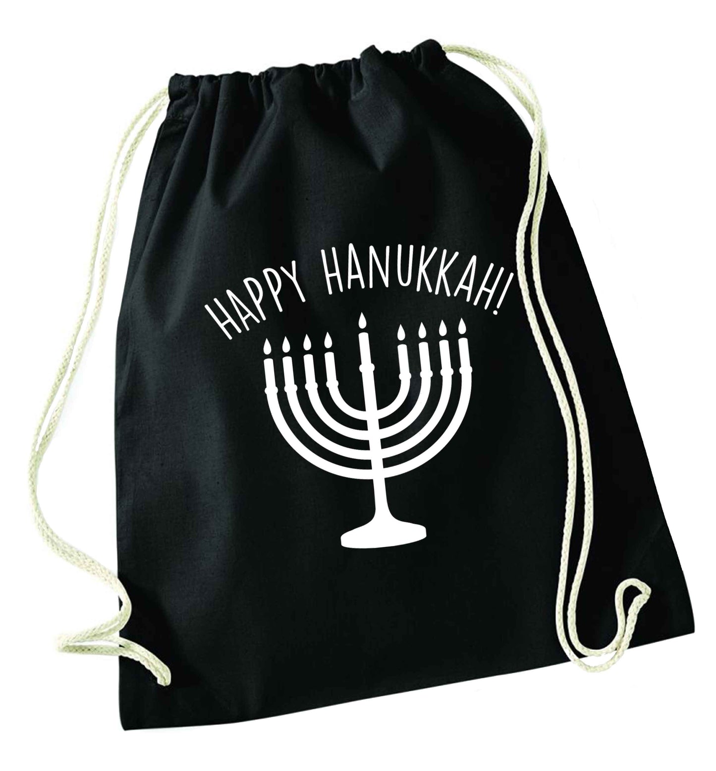 Happy hanukkah black drawstring bag