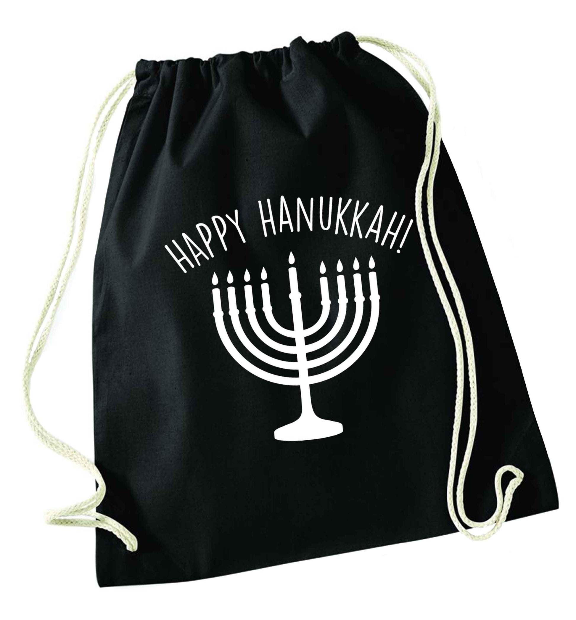Happy hanukkah black drawstring bag