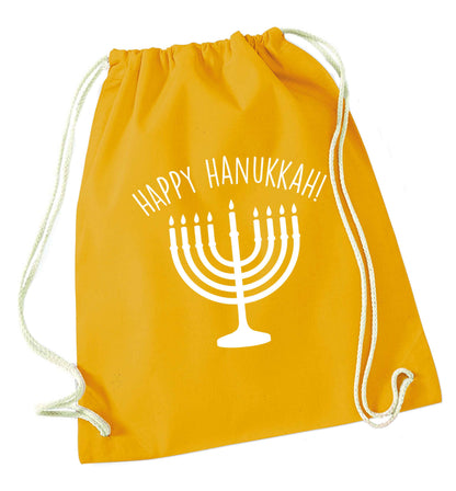 Happy hanukkah mustard drawstring bag