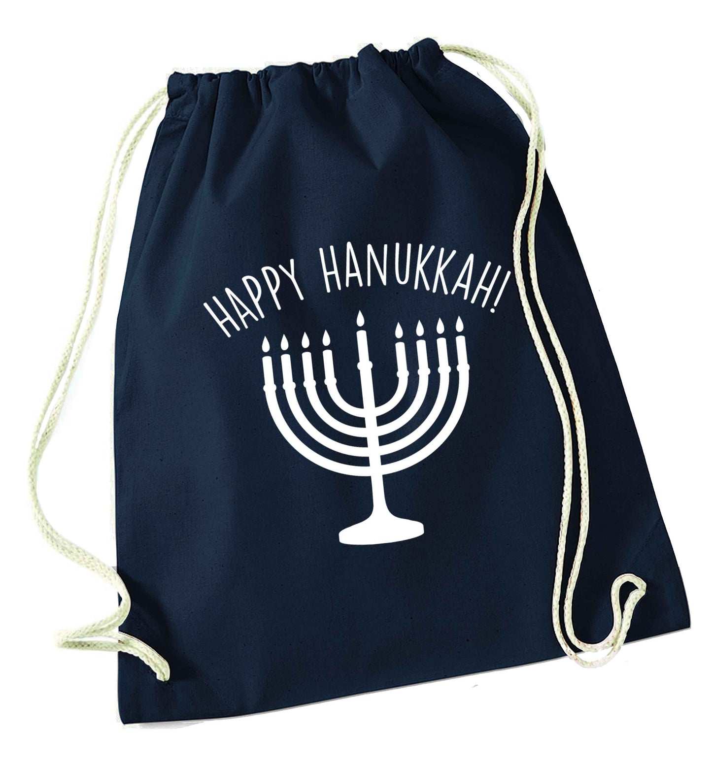 Happy hanukkah navy drawstring bag