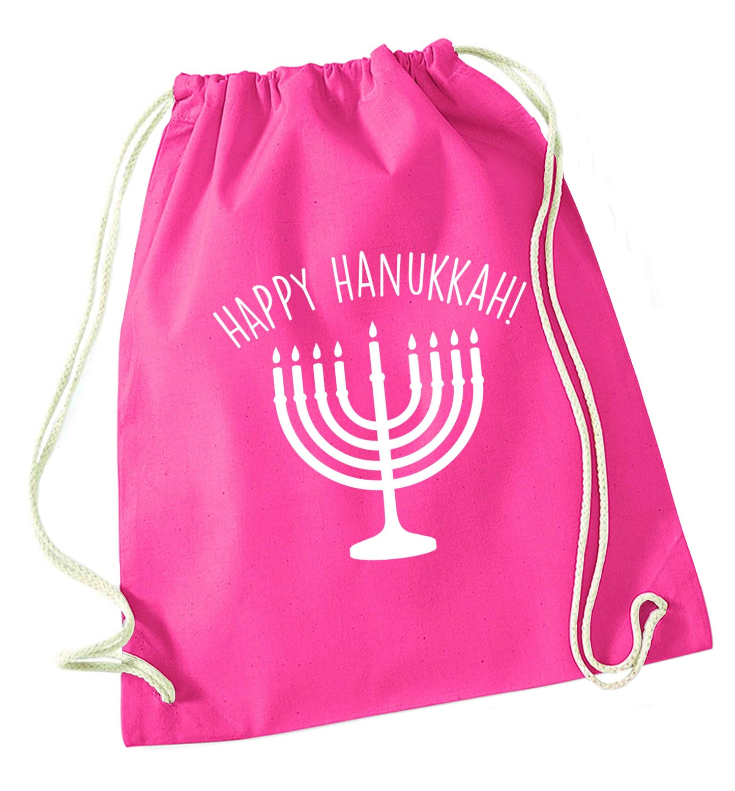 Happy hanukkah pink drawstring bag