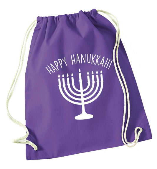 Happy hanukkah purple drawstring bag