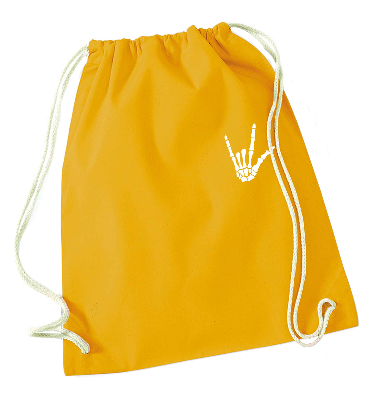 Skeleton Hand Pocket mustard drawstring bag