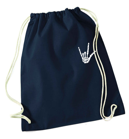 Skeleton Hand Pocket navy drawstring bag