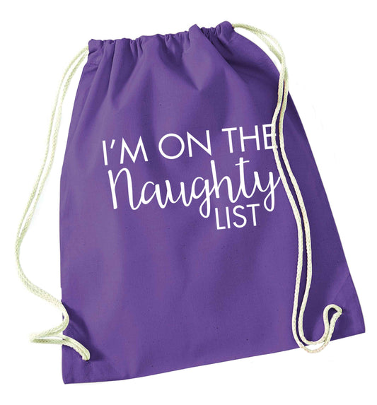 I'm on the naughty list purple drawstring bag