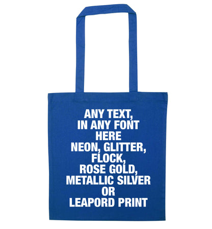 Premium custom order any text colour and font blue tote bag