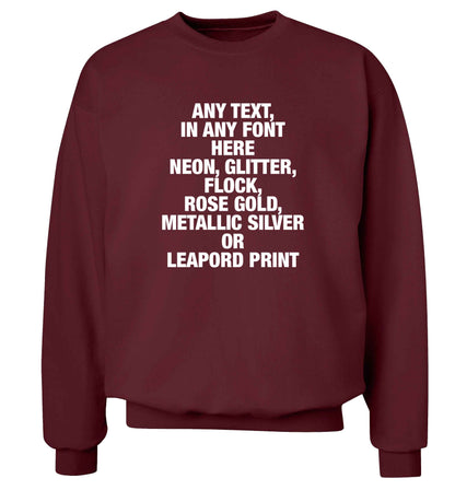 Premium custom order any text colour and font adult's unisex maroon sweater 2XL