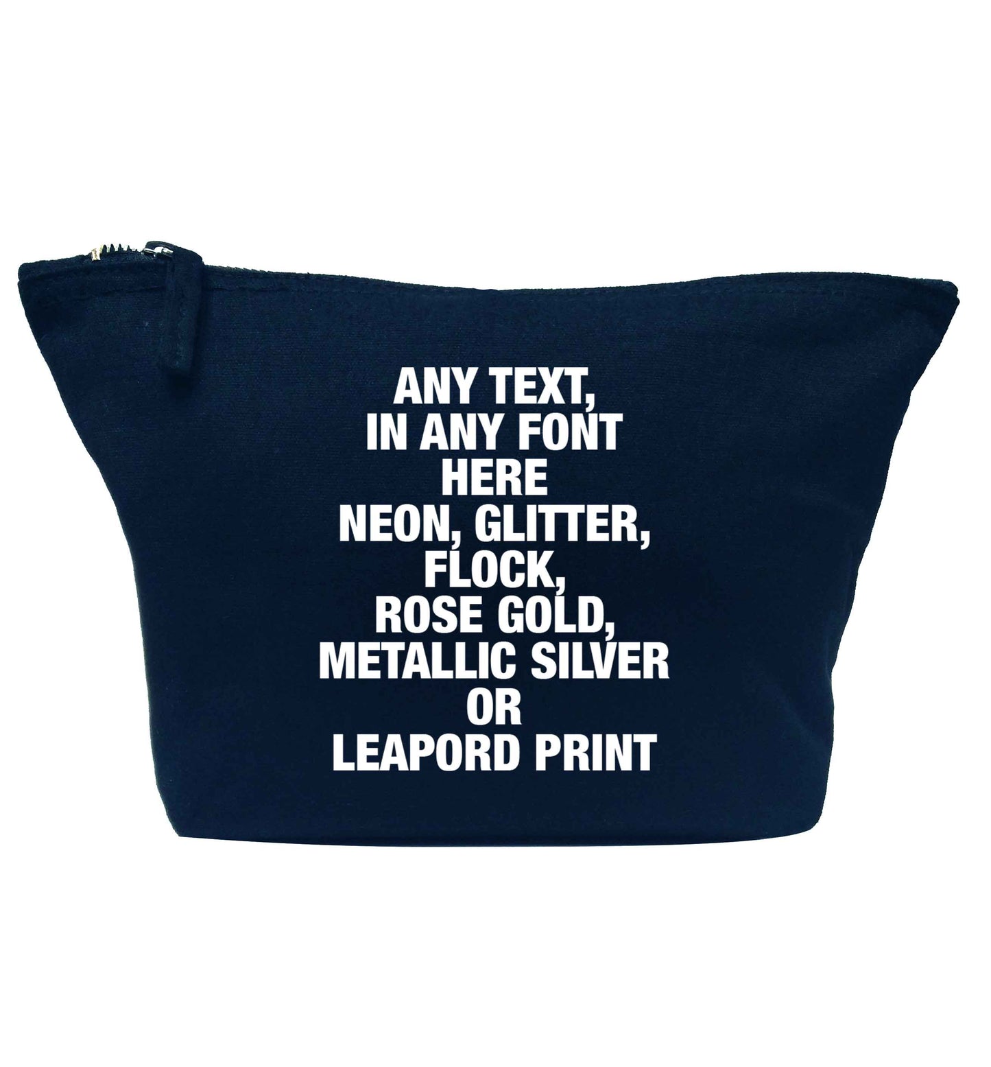 Premium custom order any text colour and font navy makeup bag