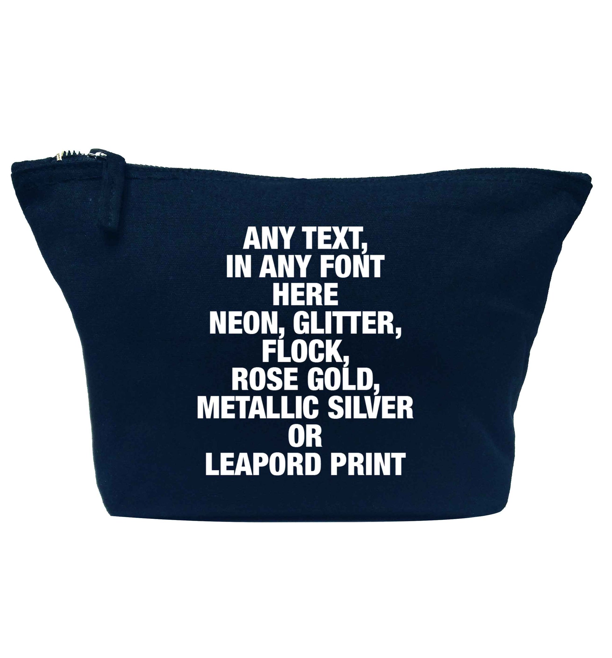 Premium custom order any text colour and font navy makeup bag