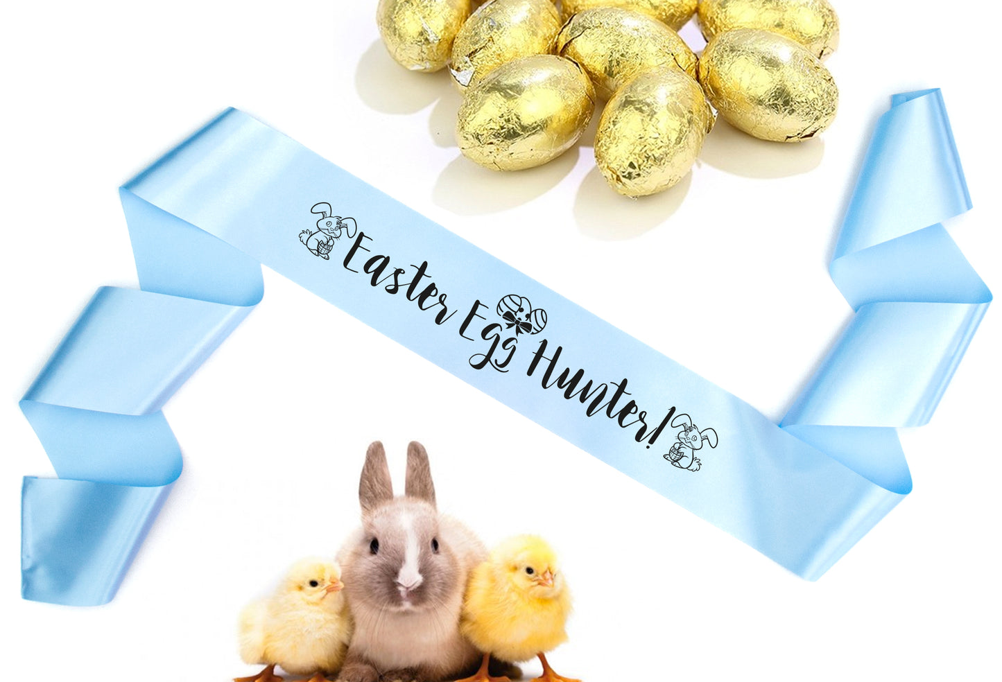 Easter egg hunter baby blue sash matt black text