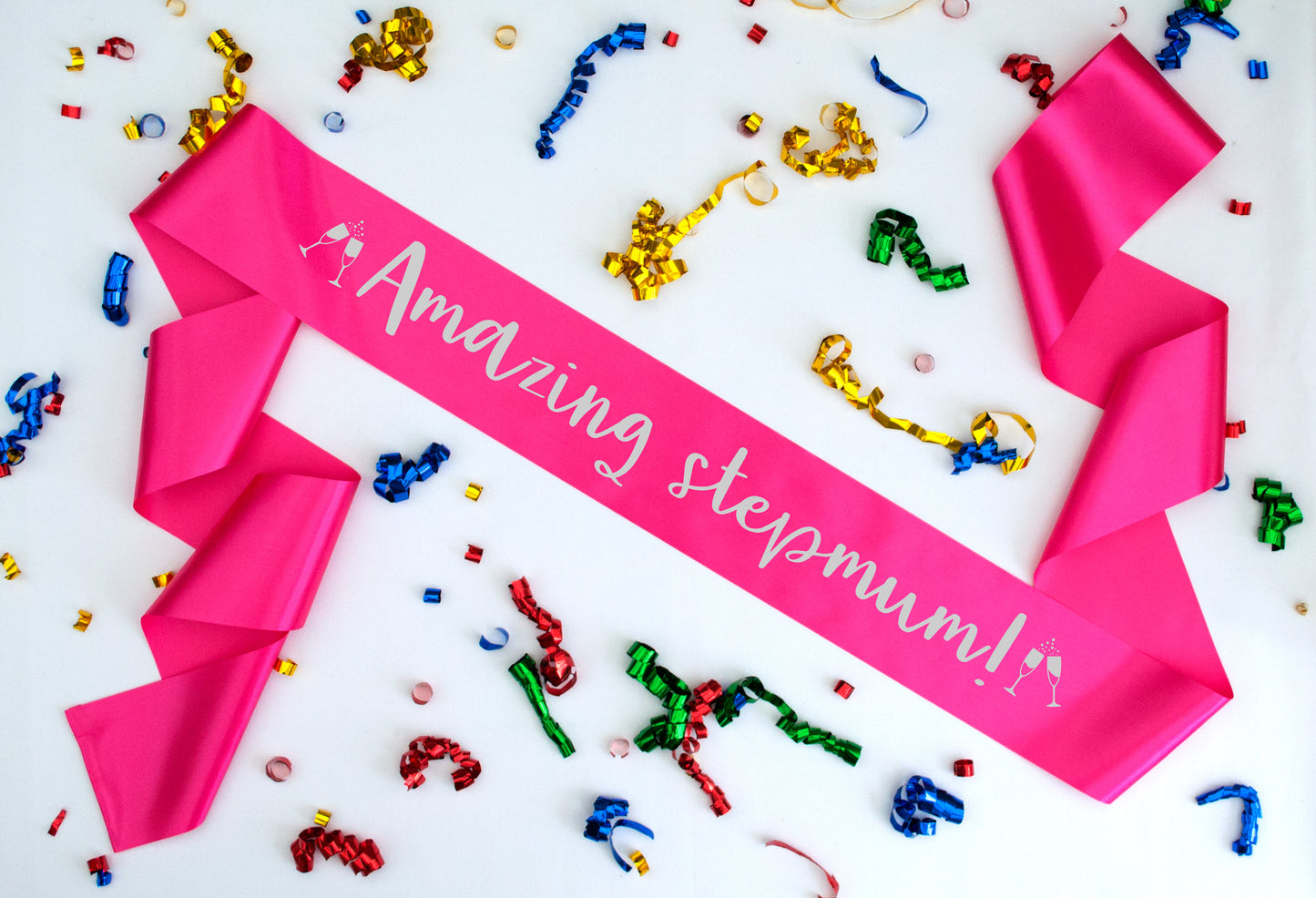 amazing step mum sash or banner metallic silver foil on bright pink sash