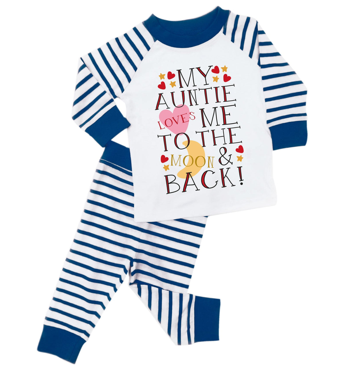 blue striped pyjama set for toddler saying my auntie loves me to the moon and back