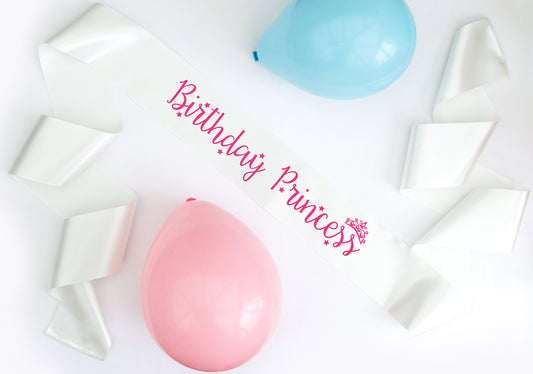 Birthday Princess ivory sash matt pink text