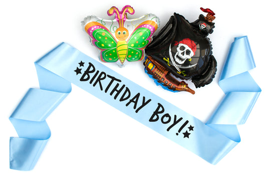 Birthday boy baby blue sash matt black text