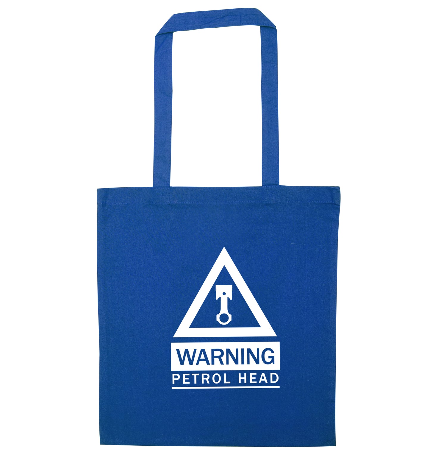 Warning petrol head blue tote bag