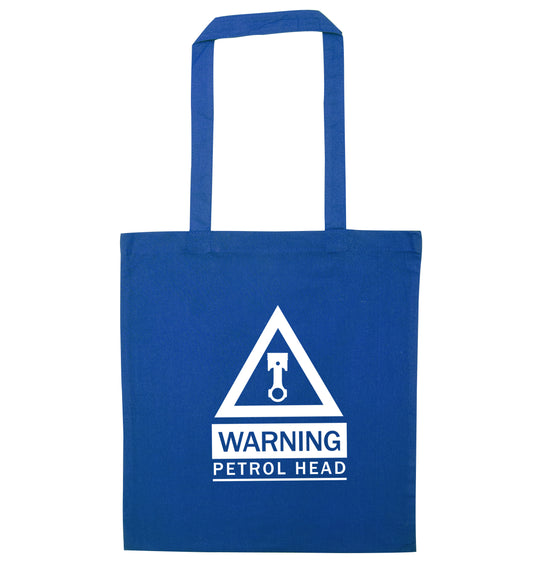 Warning petrol head blue tote bag