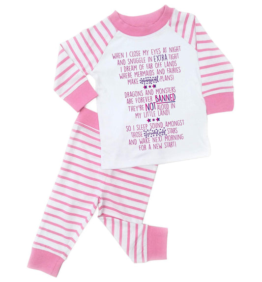 pink striped toddler pyjama set with a magical poem about fairies, unicorns and mermaids