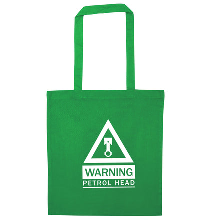Warning petrol head green tote bag