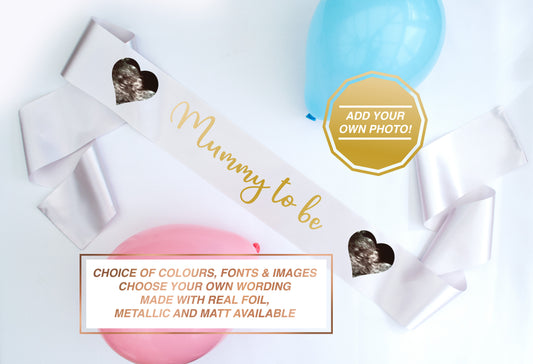 mummy to be sash with your own baby scan printed on it by Flox Creative