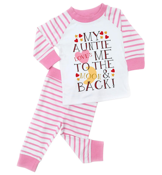pink striped pyjama set for toddler saying my auntie loves me to the moon and back