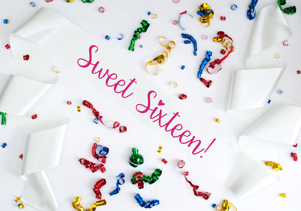 Sweet Sixteen ivory sash matt pink text