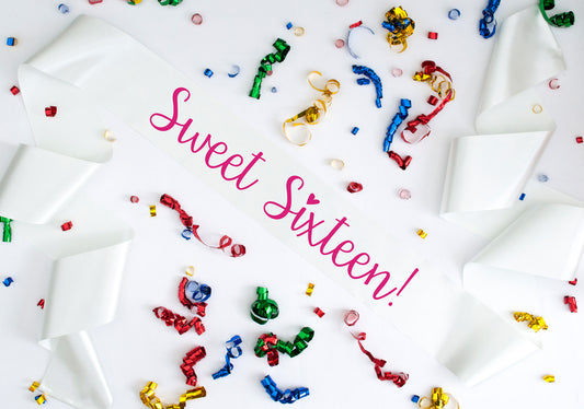 Sweet Sixteen ivory sash matt pink text