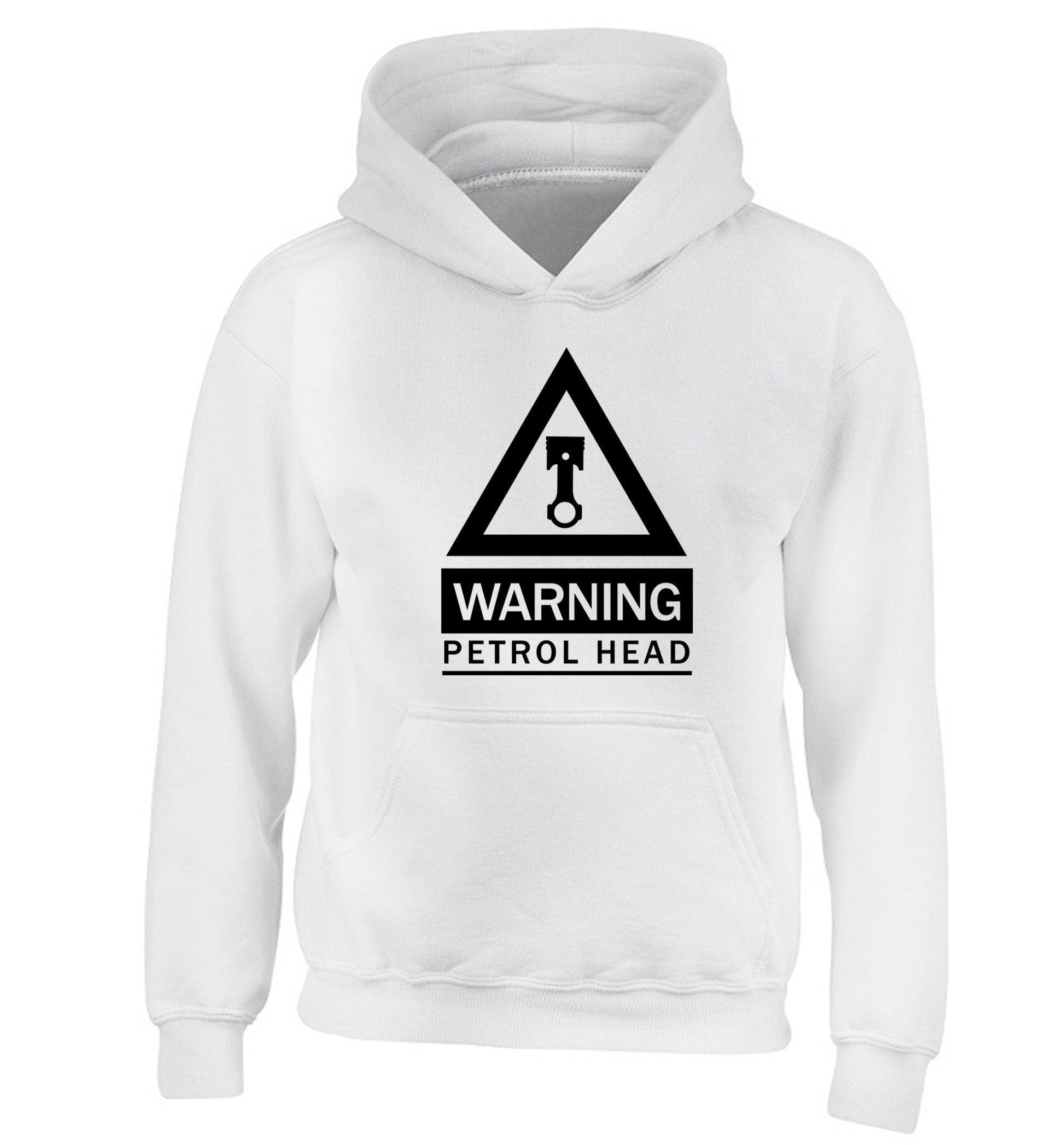 Warning petrol head children's white hoodie 12-13 Years