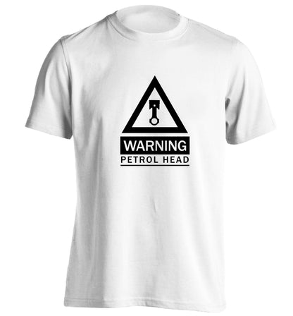 Warning petrol head adults unisex white Tshirt 2XL